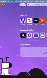 Orion browser on macOS showing its start page of Favorites and Frequently Visited sites