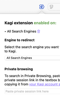 Kagi Safari extension popover with options to redirect all search engines to Kagi and to search in Private Browsing
