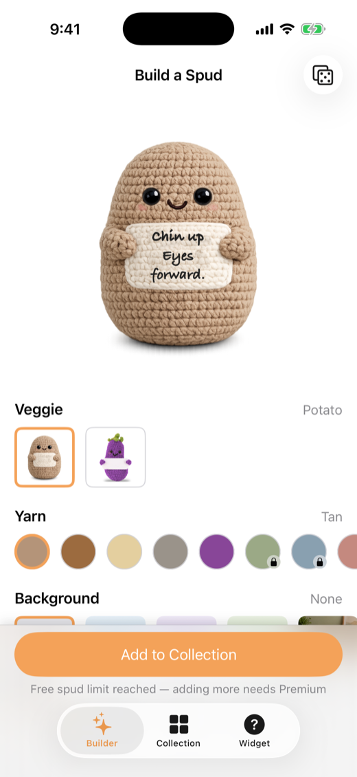 The Spud Bud builder screen: a potato preview above yarn color and background pickers