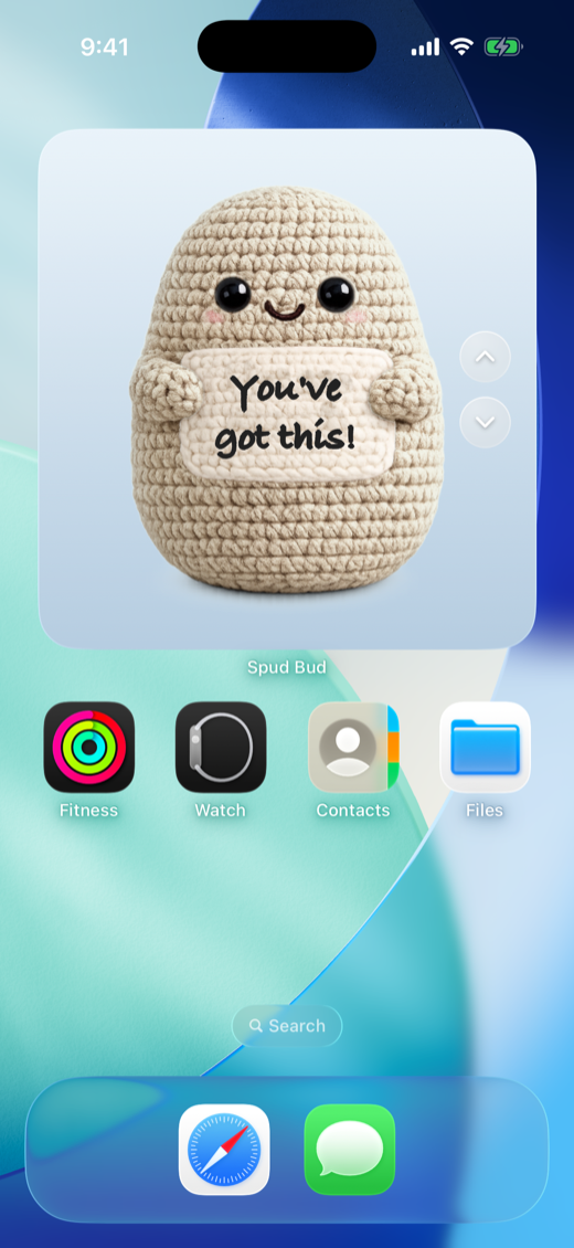 An iPhone Home Screen with a large Spud Bud widget showing a potato whose sign reads &ldquo;You've got this!&rdquo;